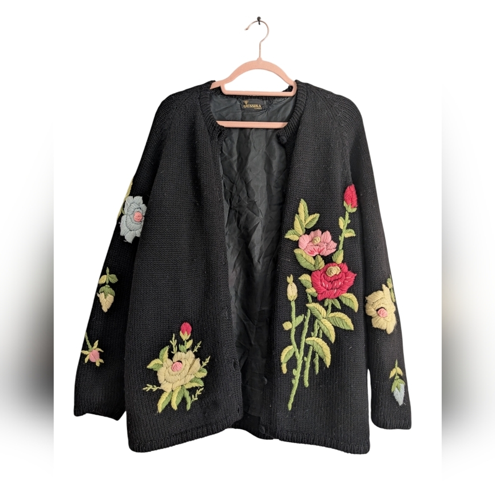 Vintage Jessika classic floral embroidery black cardigan button up grandma